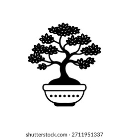 Schwarze Silhouette Bonsai Baum Vektorgrafik Minimalistische Topfpflanze Umriss mit gepunktetem Topf Clipart