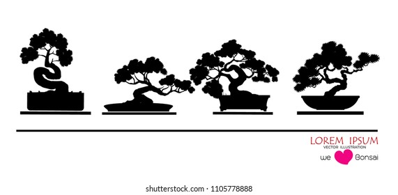 Black silhouette of bonsai. Vector illustration. Original bonsai style vector illustrations. Decorative arts Small plant in pot Decorative plants, dwarf trees, ornamental plants .