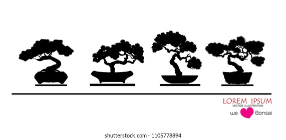 Black silhouette of bonsai. Vector illustration. Original bonsai style vector illustrations. Decorative arts Small plant in pot Decorative plants, dwarf trees, ornamental plants .