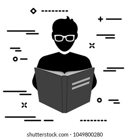 black silhouette of book reader icon in flat style