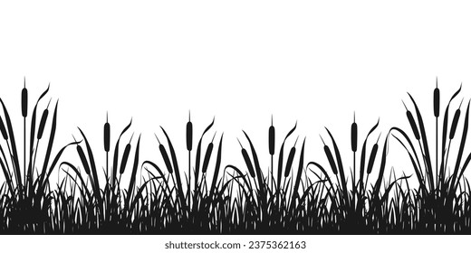 Black silhouette of border with marsh vegetation. Reeds in sedge thickets. Tall river grass.