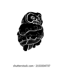 Black silhouette of the boreal owl on white background. Graphic drawing. Vector illustration.