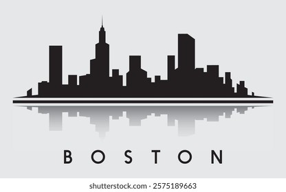 Black silhouette of Boston city skyline with reflection in water. vector on gray background