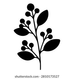 A black silhouette of a botanical branch featuring berries and leaves, emphasizing natural shapes and organic design elements.