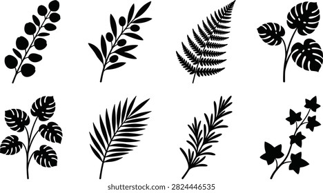Black Silhouette Botanical Eucalyptus Olive Fern Monstera Palm Rosemary Ivy olive branch fern leaf monstera leaves