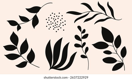Black silhouette botanical leaves arranged with a minimalist design against a soft beige background collection