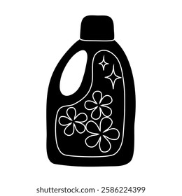 Black silhouette of bottle with cleaning or washing detergent, with flowers, glyph icon flat vector