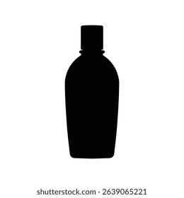 A black silhouette of a bottle with a cylindrical cap and rounded body is centered on a white background