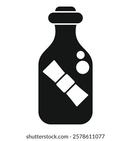 Black silhouette of a bottle with a message inside floating on the sea