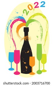 Black silhouette of bottle with splashes of colored sparkling wine and glasses to celebrate two thousand twenty-two