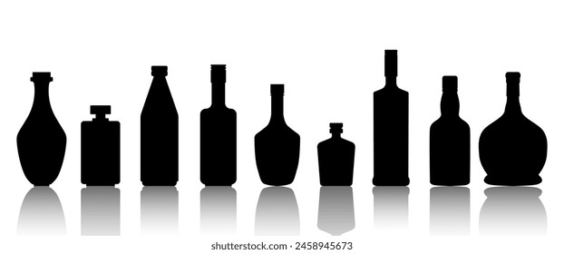 Black Silhouette Bottle Vector with shadow, Whisky Bottle graphic elements design for Bar and Celebrate Icon, Glass Bottle, Food and Beverage