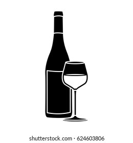 black silhouette with bottle of wine and burgundy glass vector illustration