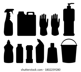 Black silhouette of bottles group of household chemicals, supplies and cleaning, tools and containers for cleaning. Icons set of plastic flasks from chemical detergents, bucket and latex gloves