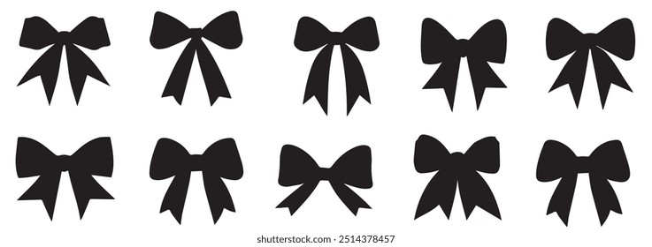 Black silhouette bow set. Collection  bow designs in various styles and shapes, perfect for festive decorations and gift wrapping