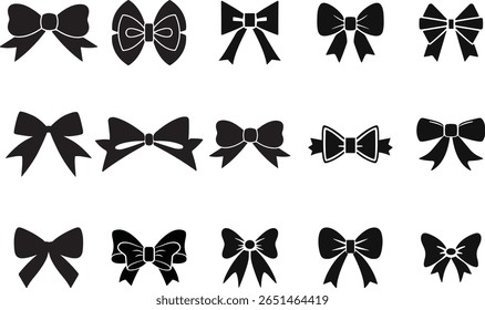 Black silhouette bow set. Collection  bow designs in various styles and shapes, perfect for festive decorations