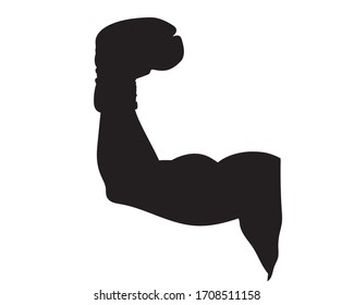 The black silhouette of a boxer in boxing gloves flexes his arm. Athlete shows biceps. Vector illustration.