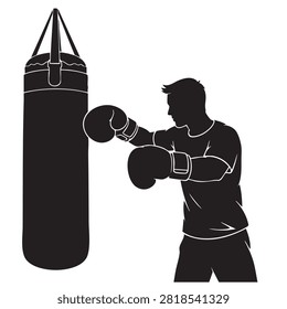 Black silhouette of boxer hitting heavy punching bag isolated on white background. Athletic male figure wearing boxing gloves during training session. Perfect for fitness and combat sport design elements. High contrast graphic of man exercising to improve strength and fighting technique skills.