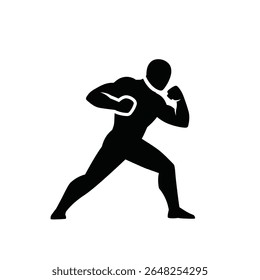 Silhueta preta de um boxeador jogando um soco contra um fundo branco. O estilo é simples e arrojado. A imagem é uma ilustração vetorial.