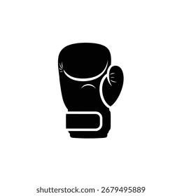 Uma silhueta preta de uma luva de boxe é exibida de forma proeminente em um fundo branco limpo, simbolizando esportes de combate e força.