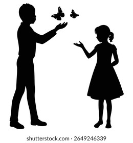 A black silhouette of a boy and a girl stand facing each other, with two butterflies flying between them. The boy has his hands outstretched, and the girl has one hand open.