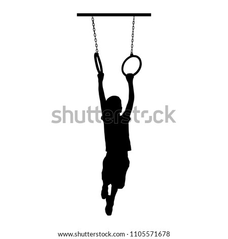 Black silhouette of a boy hanging on rings. Isolated vector illustration.