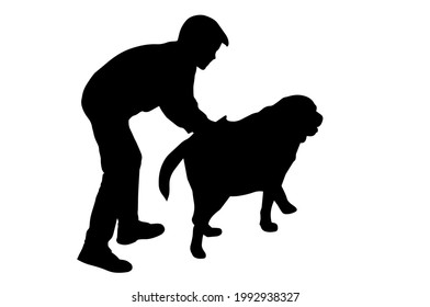 Black Silhouette of a boy and a Labrador dog on a white background. Eight-year-old boy stroking his pet on the back. Active lifestyle. Vector illustration.