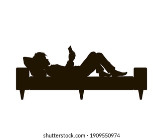 Black silhouette of boy lying with phone. Teenager resting on sofa. Young man watching mobile. Guy with tablet on bed. Vector illustration