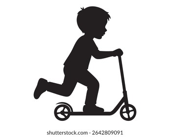 Black silhouette of a boy riding a kick scooter isolated on white background, graphic illustration. concept of child, outdoor play, boyhood adventure, fun, active lifestyle.