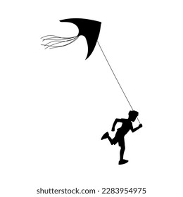 Black silhouette of boy running and flying air kite, cartoon vector illustration isolated on white background. Summer kids games and outdoor recreation.