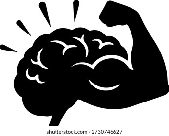 Eine schwarze Silhouette eines Gehirns mit einem biegsamen Arm und Explosionslinien, auf reinweißem Hintergrund, die eine kraftvolle und dynamische visuelle Botschaft vermitteln.