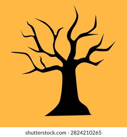 Black silhouette branchless dead tree spooky autumn orange background sharp scary trunk.