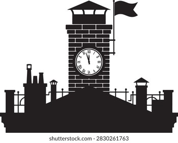 Black silhouette of a brick clock tower building with a flag on and chimneys on a white background architecture