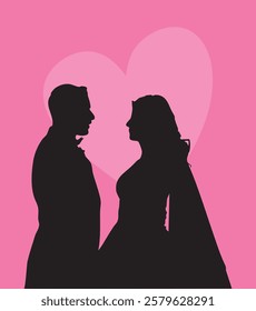 A black silhouette of a bride and groom facing each other is set against a pink background with a lighter pink heart shape behind them.