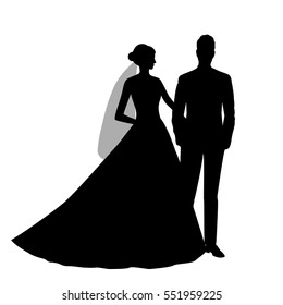 The black silhouette of a bride and groom isolated on white background. Vector illustration.