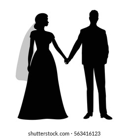 The black silhouette of a bride and groom isolated on white background. Vector illustration.