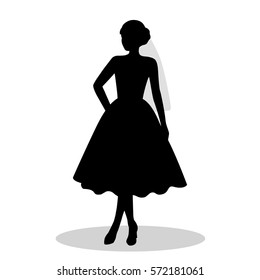 The black silhouette of  bride on a white background. A girl in a dress. Vector illustration.