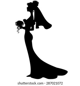 The black silhouette bride in wedding dress white background  Vector illustration 