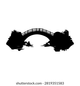 Black silhouette of a bridge arching over water, flanked by trees on both sides, creating a peaceful and scenic landscape scene.