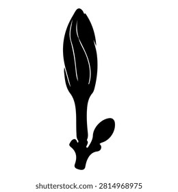 A black silhouette of a broccoli floret, showcasing its detailed texture and shape against a plain white background.