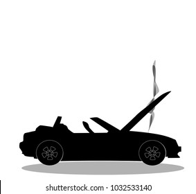 Black silhouette of broken cabriolet sport cartoon car with opened hood covered with  smoke. Sports car crash, accident. Vector illustration, sign, symbol, clip art isolated on white background. 