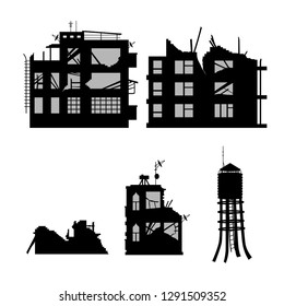 Black silhouette of broken city on white background. Industrial landscape. War conflict. Ruins of houses after earthquake. Old building scene. Vector illustration