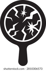 A black silhouette of a broken hand mirror, featuring cracks and starburst patterns across the glass, representing bad luck or damaged beauty
