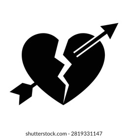 Black silhouette of a broken heart pierced by an arrow symbolizing heartbreak, sadness, and emotional pain isolated on white background for design.