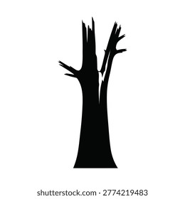 A black silhouette of a broken, jagged tree trunk isolated on a plain white background