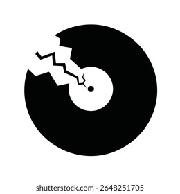 A black silhouette of a broken vinyl record against a white background The record is depicted with a jagged crack emanating from its edge. The style is simple and bold.