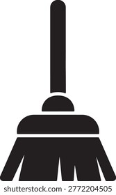 Black silhouette of a broom, a cleaning implement. Represents sweeping, tidiness, and housework. Ideal for cleaning services or home organization concepts.