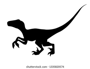 Black silhouette. Brown raptor. Cute dinosaur, cartoon design. Flat vector illustration isolated on white background. Animal of jurassic world. Small carnivore dinosaur.