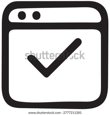 A black silhouette of a browser window icon with a checkmark on a white background, featuring a distinctive flat design