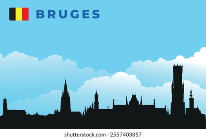 Black silhouette of Bruges city skyline with text and flag. Vector on the background of blue sky and white clouds