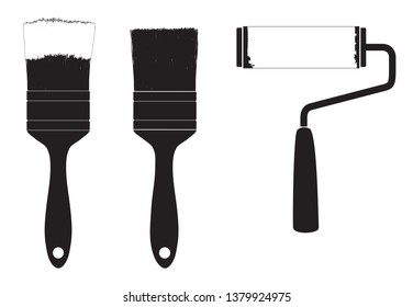 Black silhouette of  brush for paint and roller for paint. Tool.